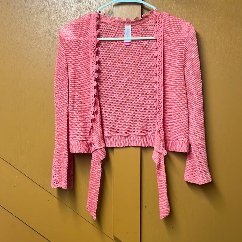 No Boundaries Juniors Peach-Salmon Pink Crop Cardigan
